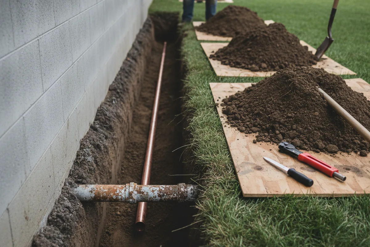 Excavated water line trench during Sewer Line Repair in Nazareth